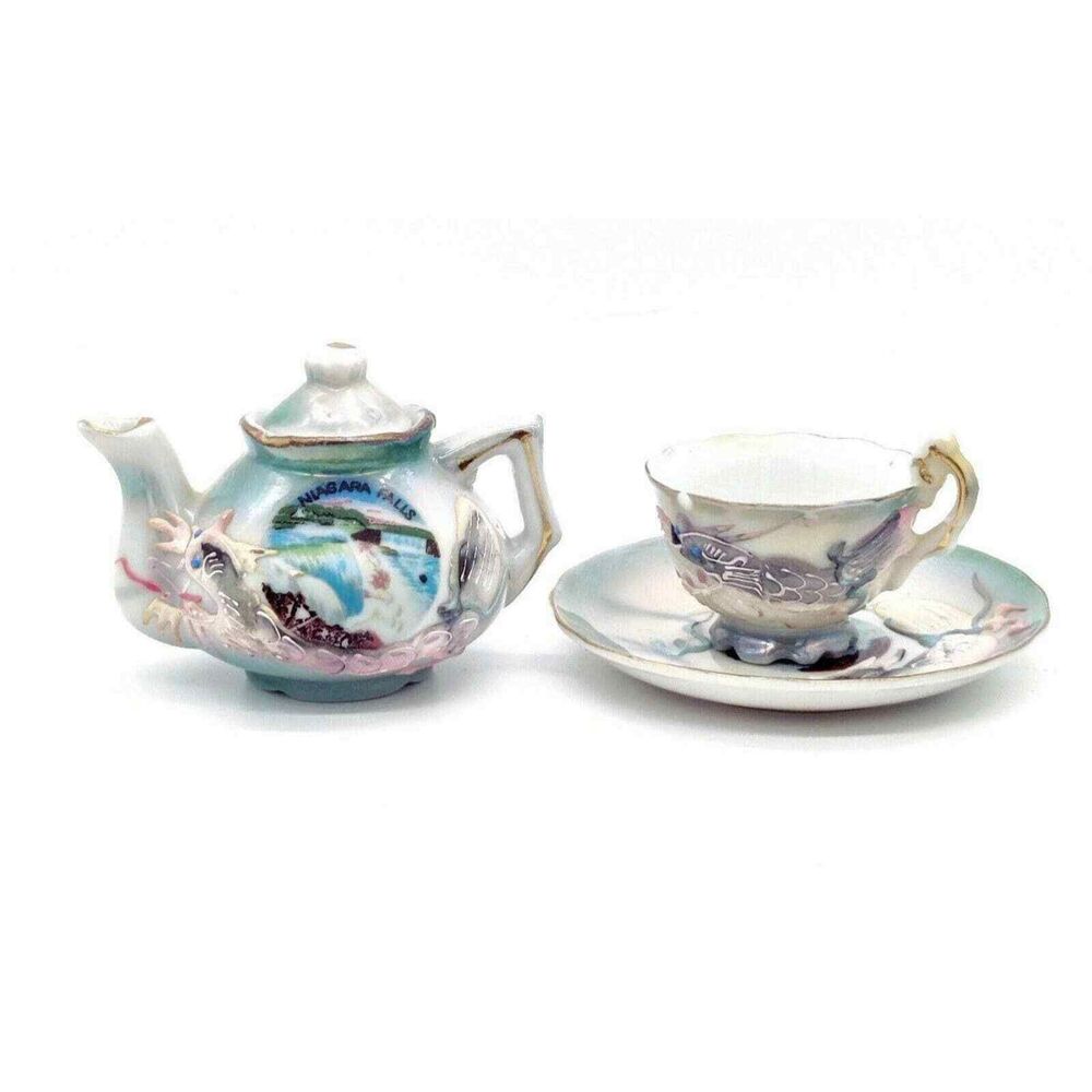 Vintage Dragonware Niagra Falls Miniature Tea Set Teapot Teacup Saucer Canada 3